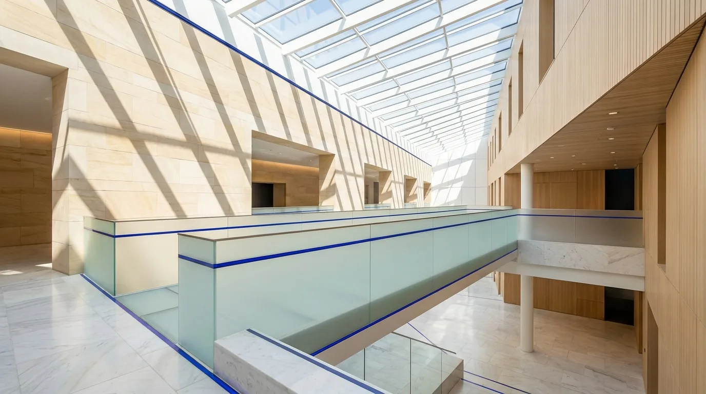 A modern building interior with a skylight and marble flooring showcases technology supporting higher education.