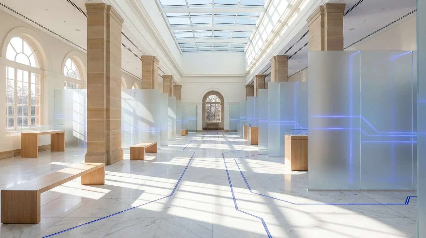 A bright art gallery space with marble floors and glass partitions showcases modern interior design.
